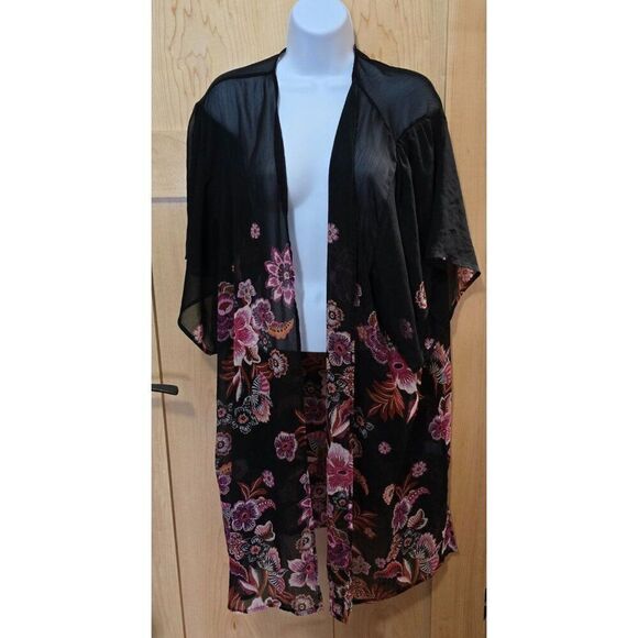 Floral Sheer Kimono Cardigan Black & Pink Boho Style Open Front Womens - Picture 1 of 9